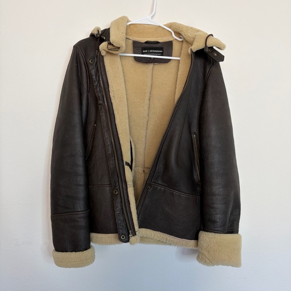 Vintage Bod & Christensen Genuine Sheepskin Shearling Brown Leather Coat